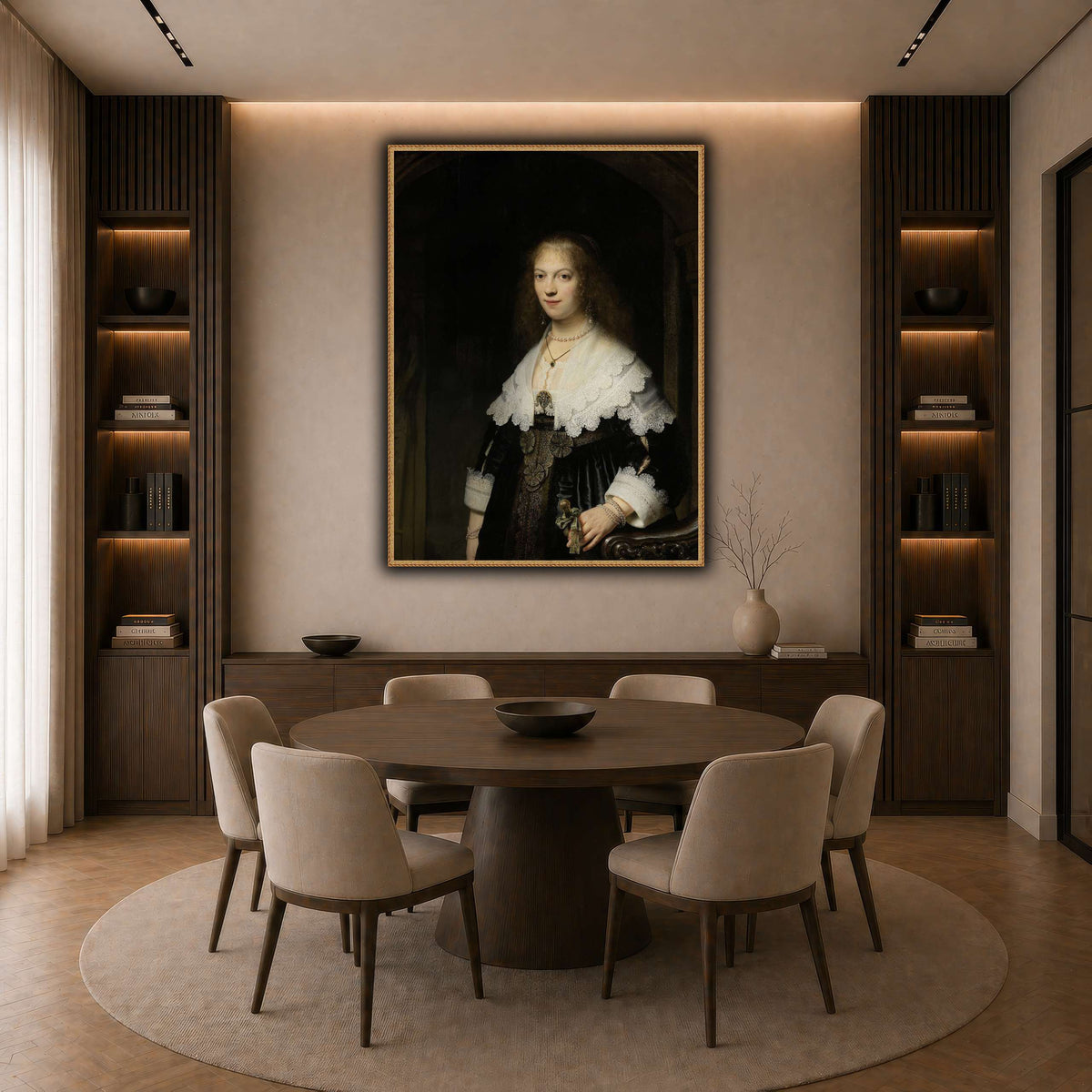 Portrait-of-a-Woman-Possibly-Maria-Trip_Rembrandt-van-Rijn dark neutral-dining room