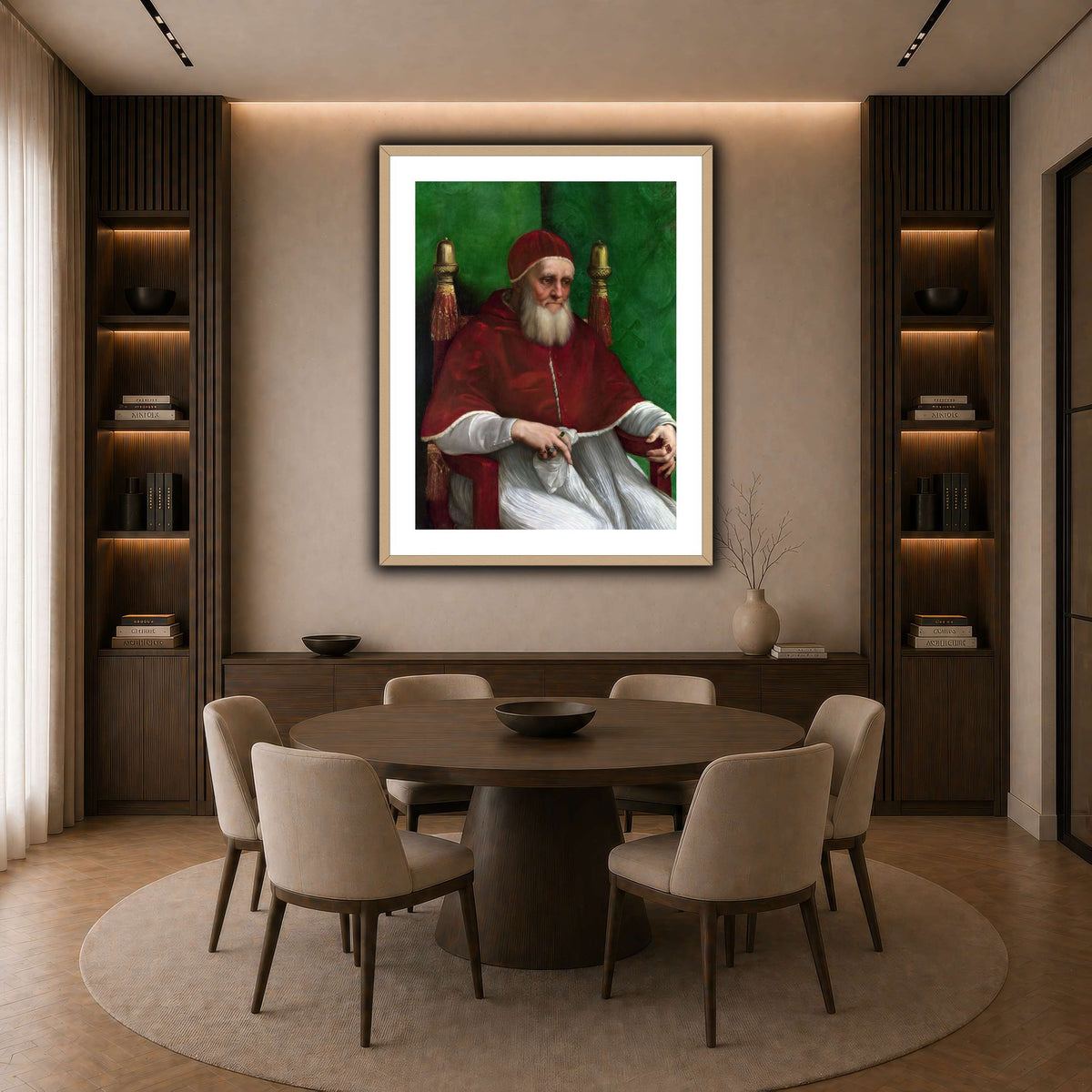 Raffaello_Sanzio_Pope_Julius_II dark neutral-dining room
