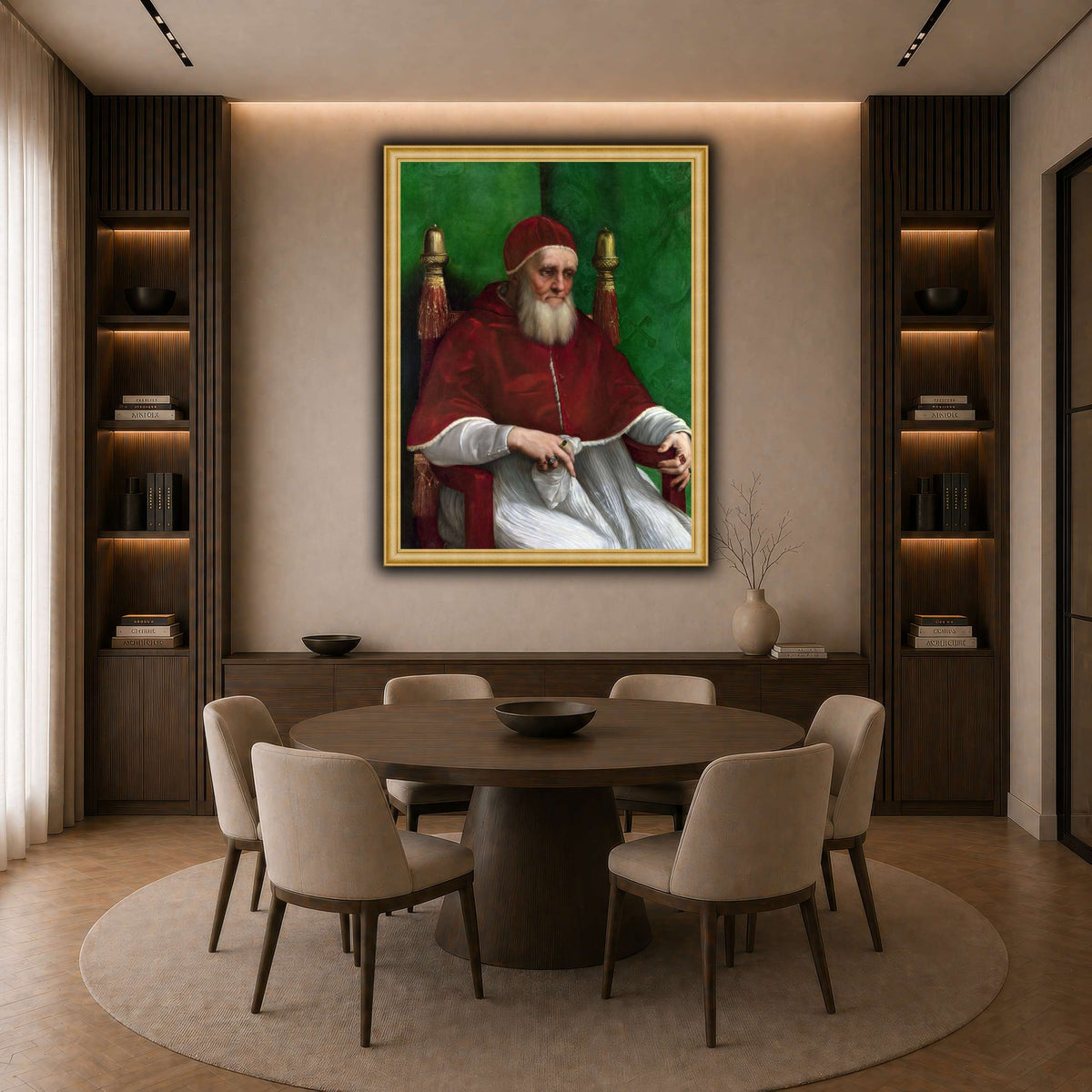 Raffaello_Sanzio_Pope_Julius_II dark neutral-dining room