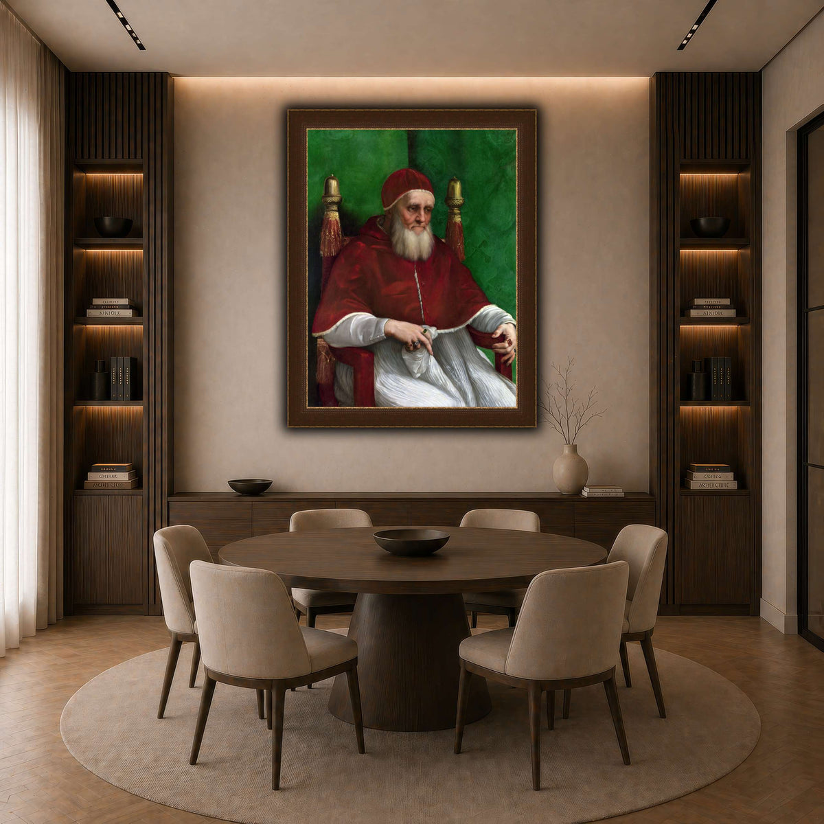 Raffaello_Sanzio_Pope_Julius_II dark neutral-dining room