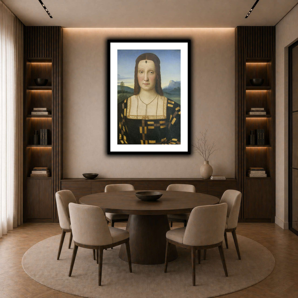 Raffaello_Sanzio_Portrait_of_Elisabetta_Gonzaga,_Duchess_of_Urbino dark neutral-dining room