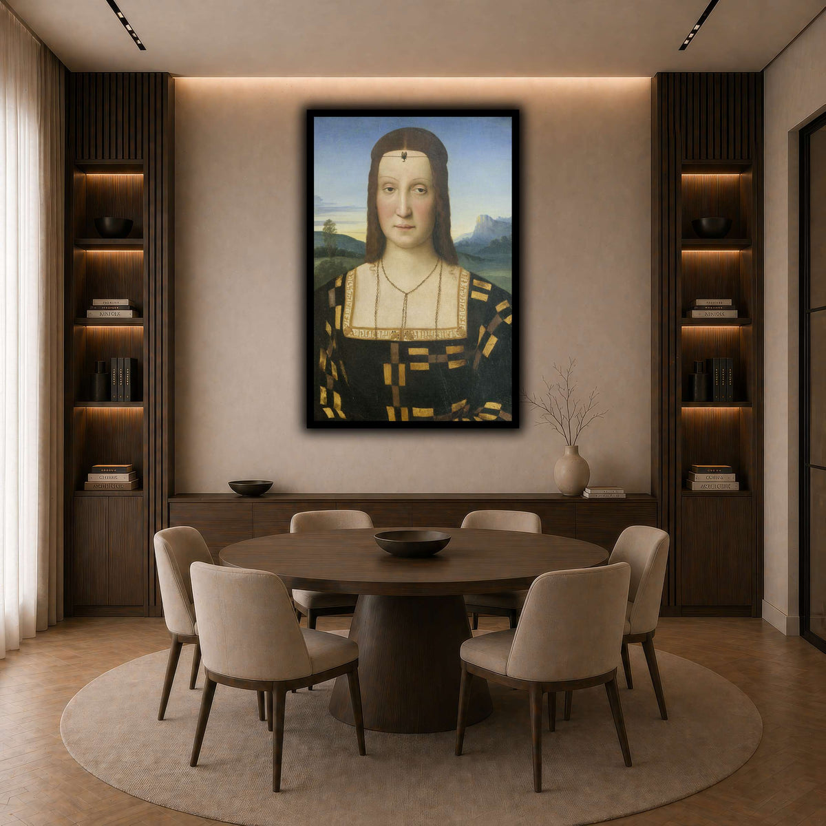 Raffaello_Sanzio_Portrait_of_Elisabetta_Gonzaga,_Duchess_of_Urbino dark neutral-dining room