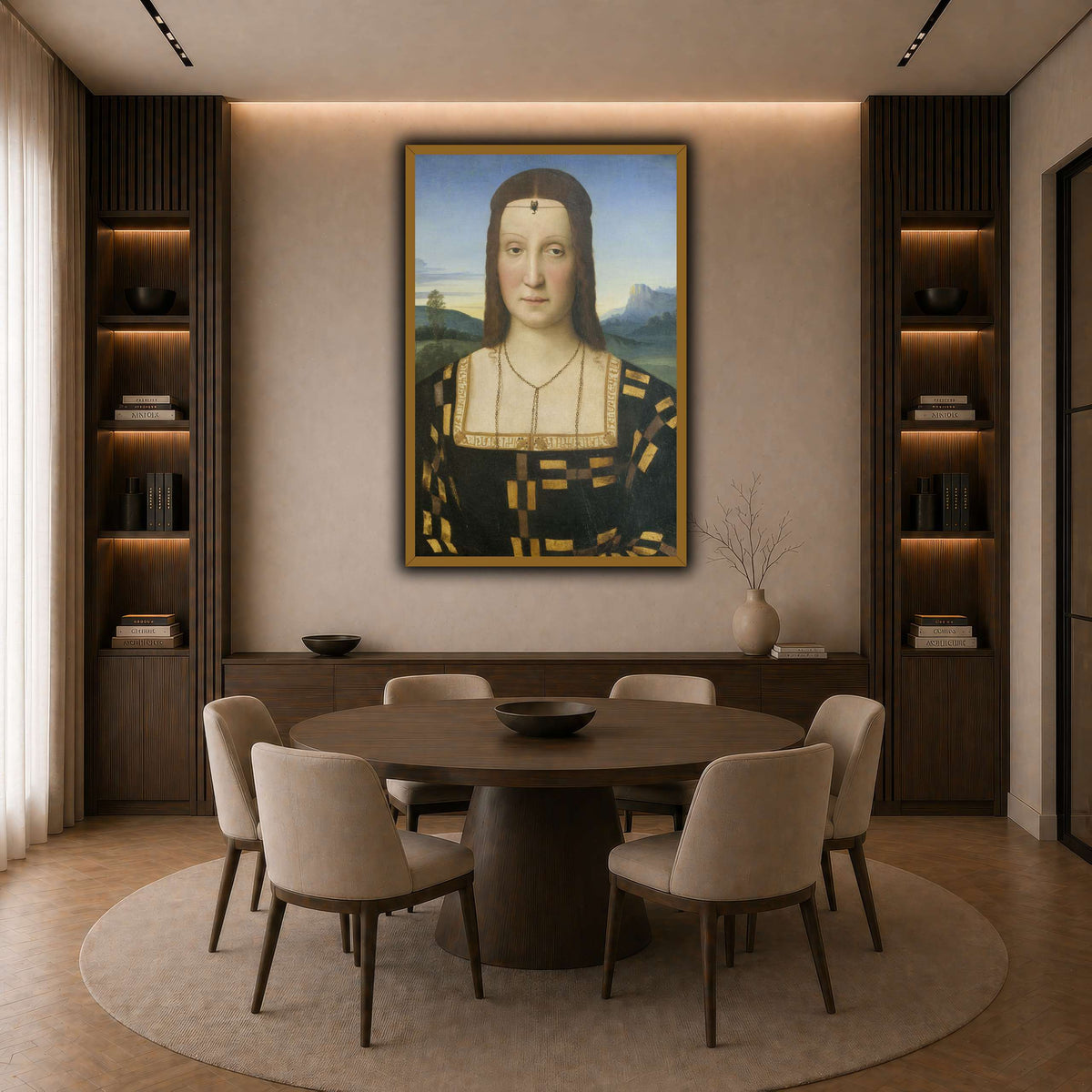 Raffaello_Sanzio_Portrait_of_Elisabetta_Gonzaga,_Duchess_of_Urbino dark neutral-dining room