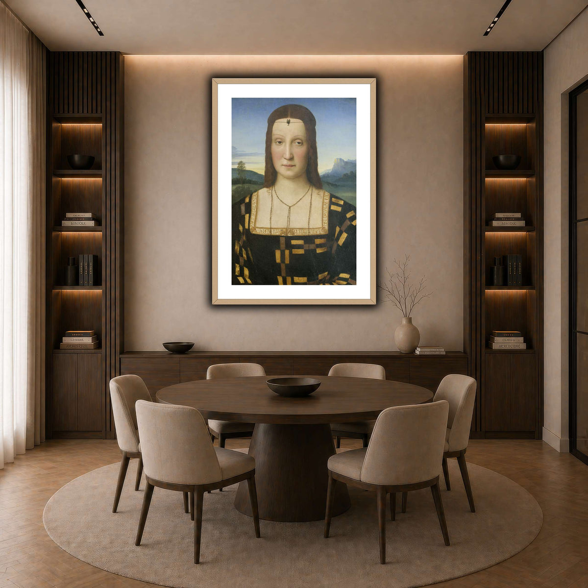 Raffaello_Sanzio_Portrait_of_Elisabetta_Gonzaga,_Duchess_of_Urbino dark neutral-dining room