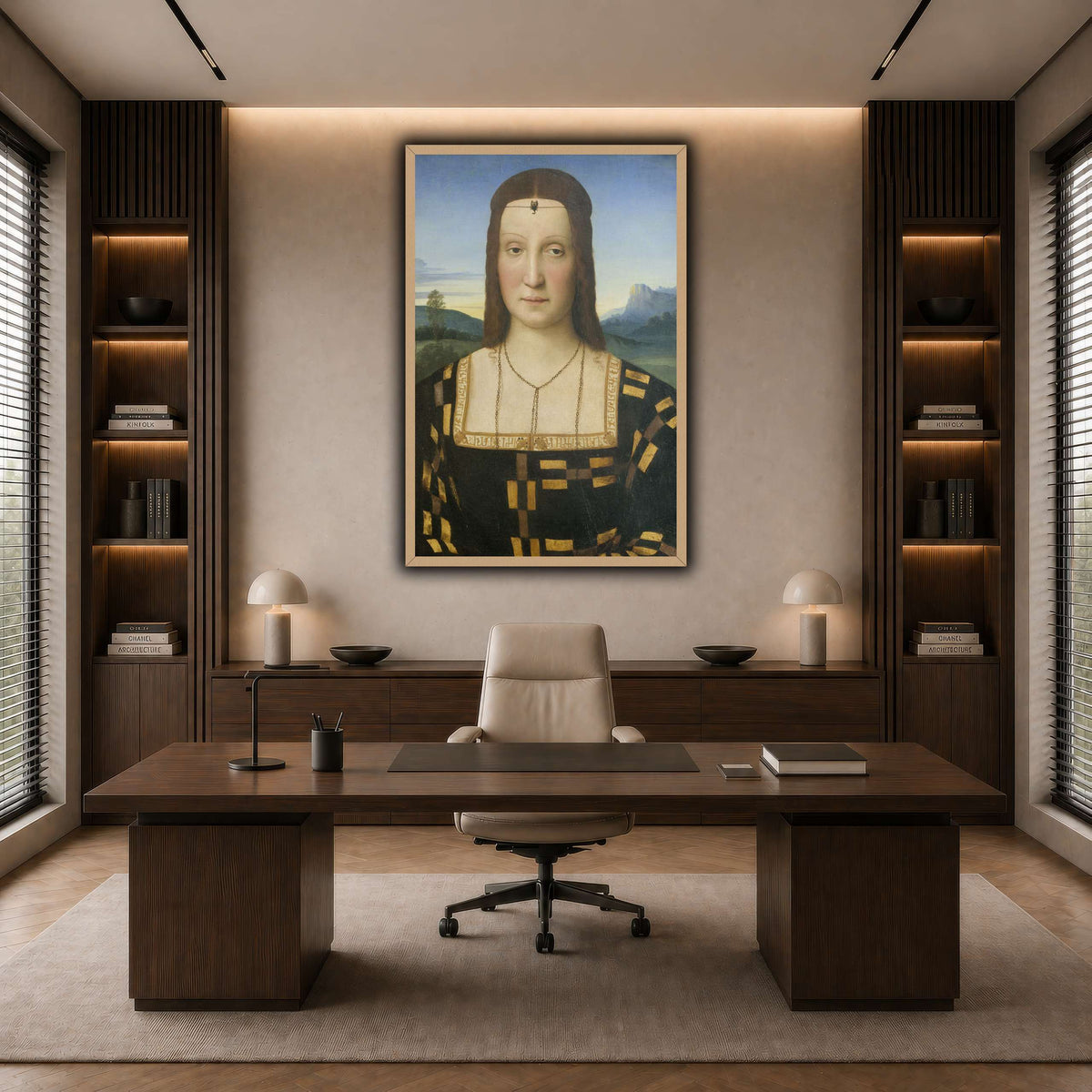 Raffaello_Sanzio_Portrait_of_Elisabetta_Gonzaga,_Duchess_of_Urbino dark neutral-office