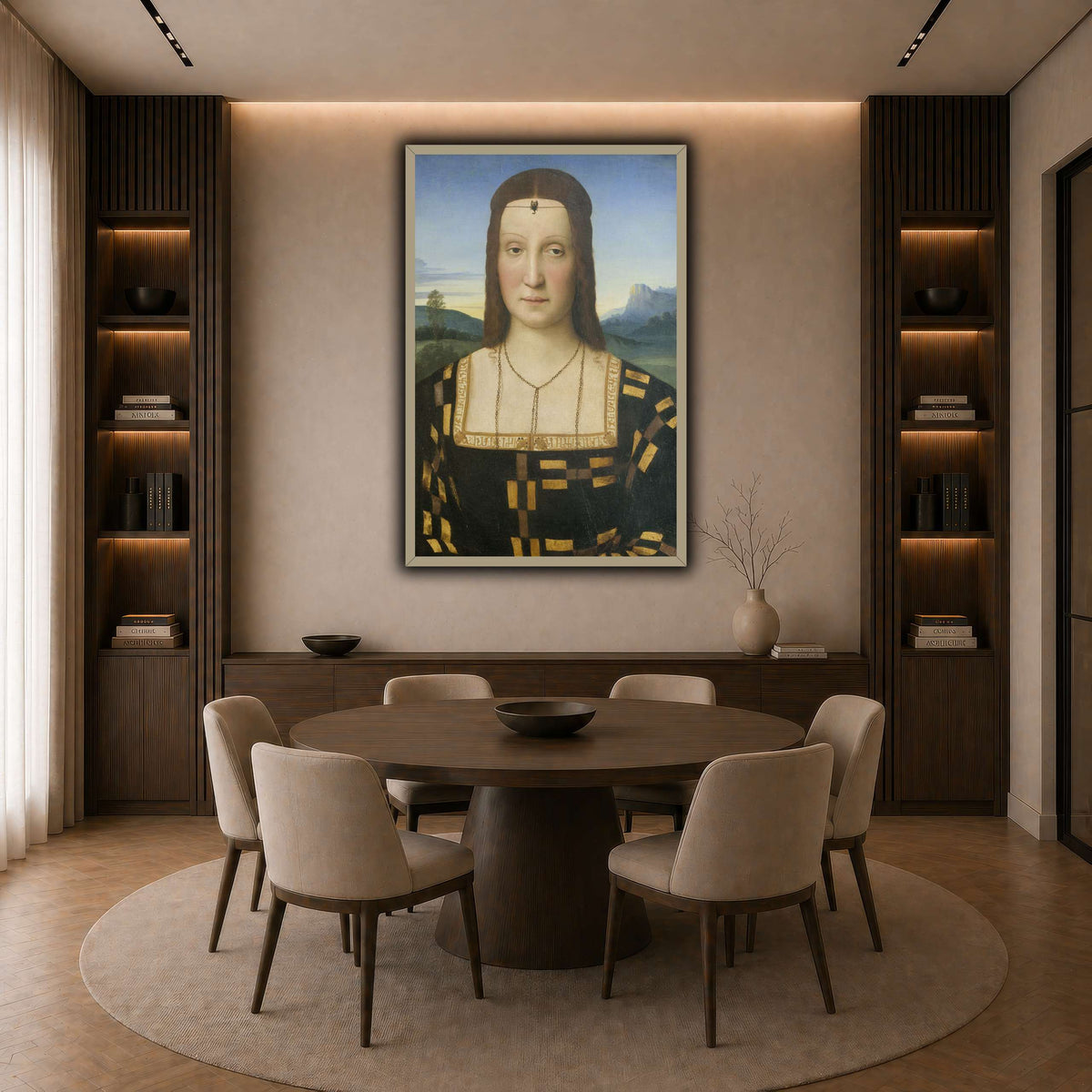 Raffaello_Sanzio_Portrait_of_Elisabetta_Gonzaga,_Duchess_of_Urbino dark neutral-dining room