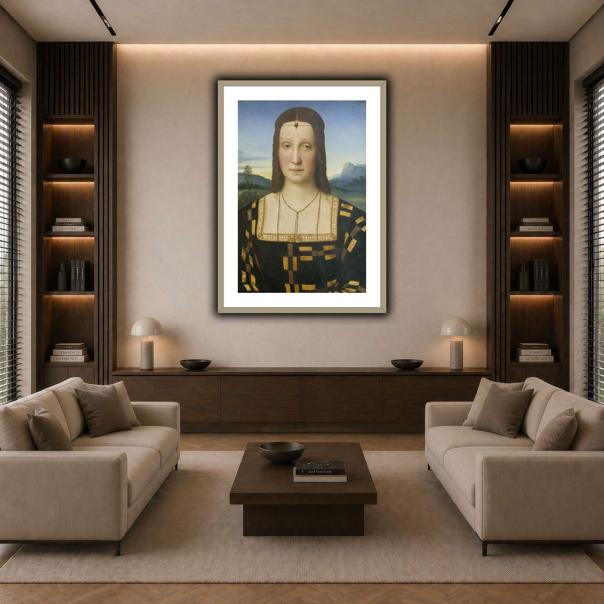 Raffaello_Sanzio_Portrait_of_Elisabetta_Gonzaga,_Duchess_of_Urbino dark neutral-living room