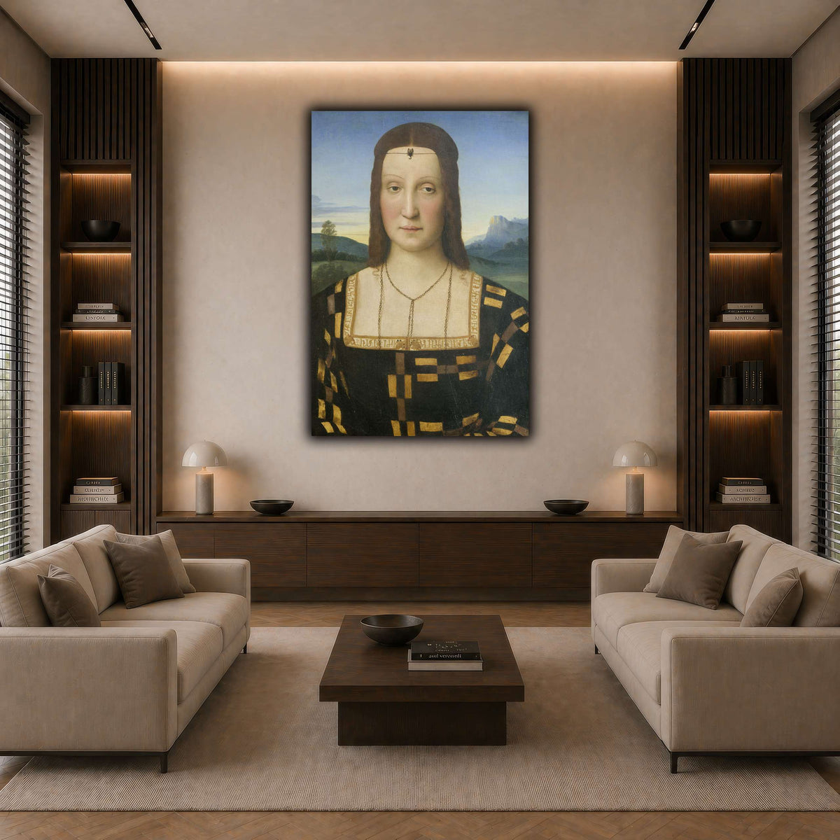 Raffaello_Sanzio_Portrait_of_Elisabetta_Gonzaga,_Duchess_of_Urbino dark neutral-living room