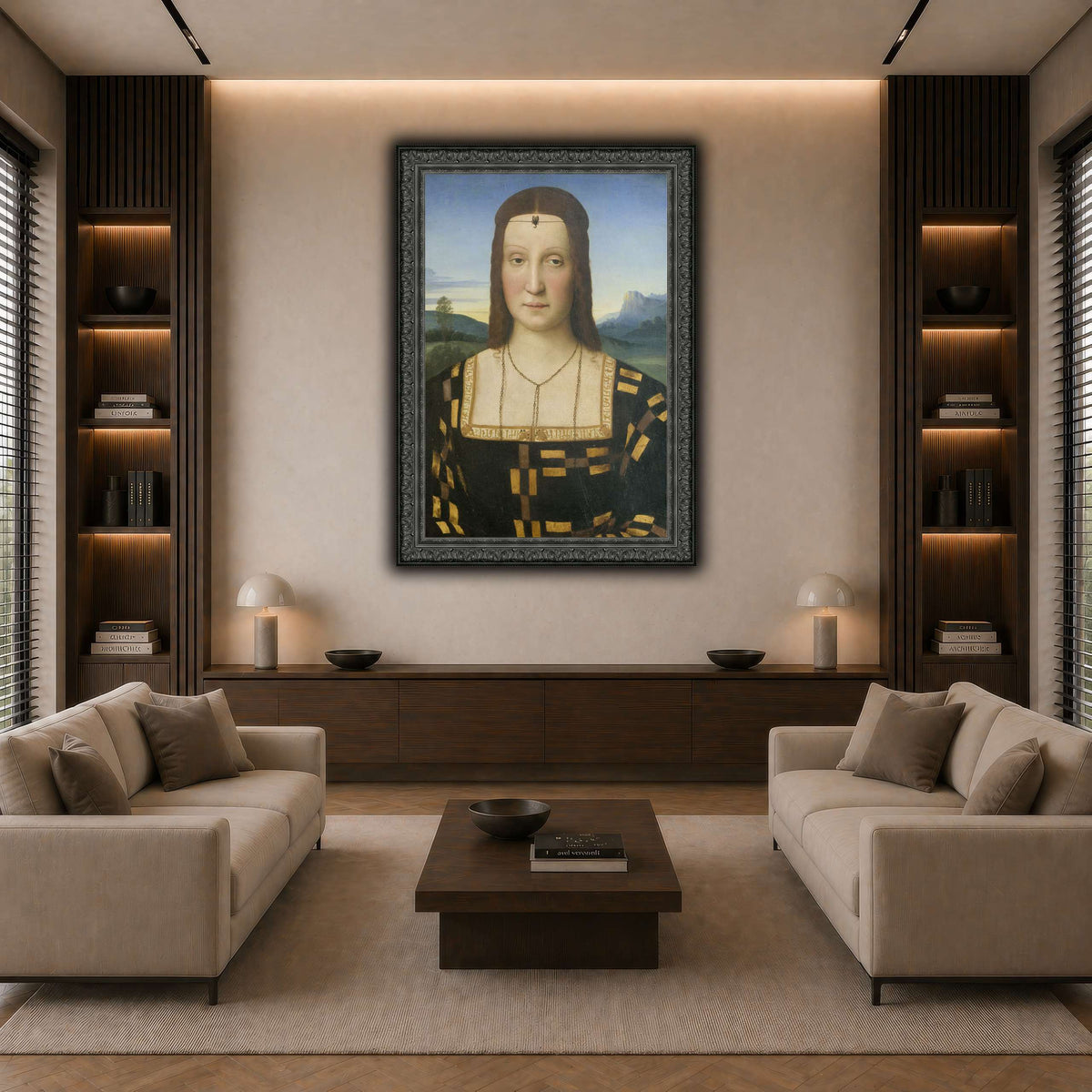Raffaello_Sanzio_Portrait_of_Elisabetta_Gonzaga,_Duchess_of_Urbino dark neutral-living room