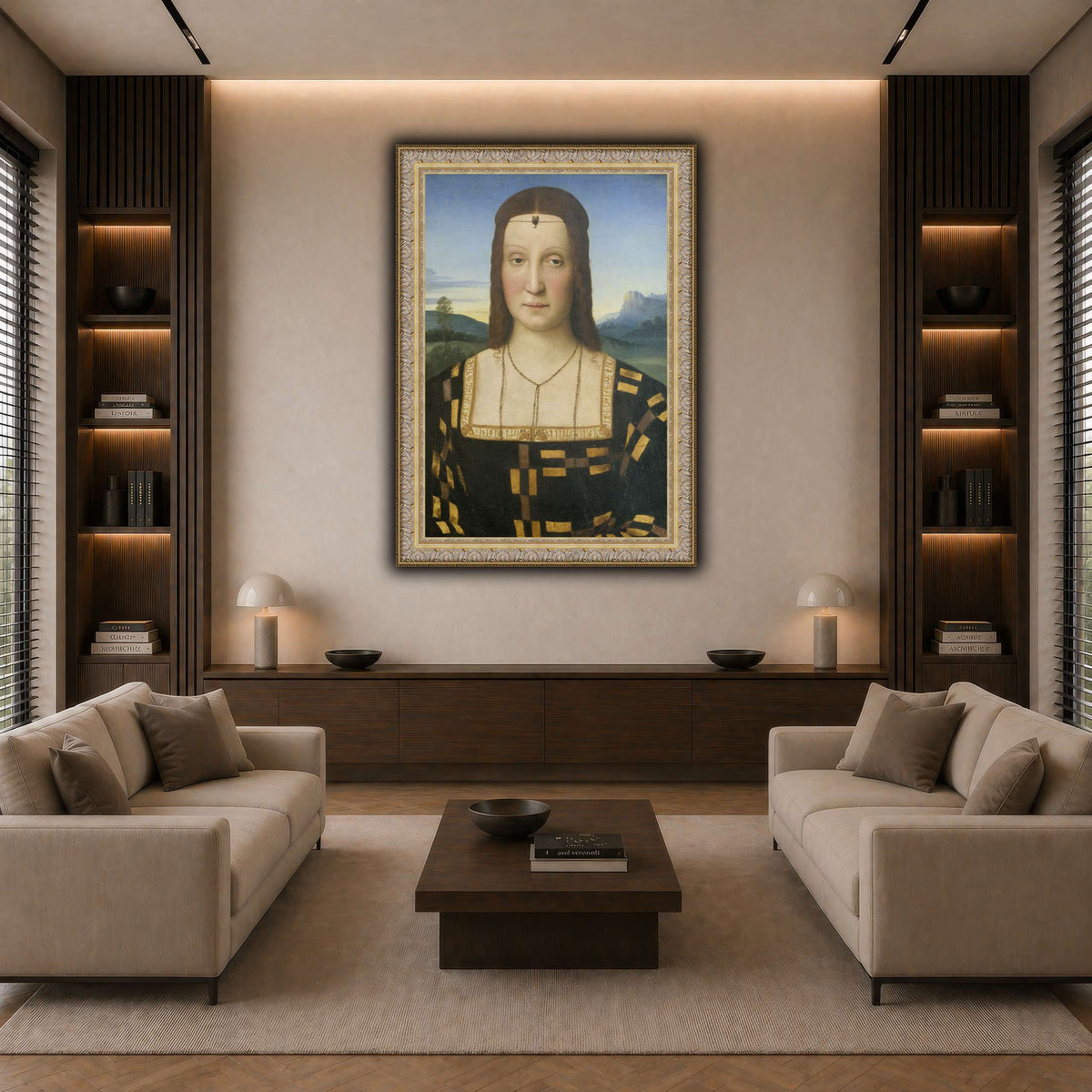 Raffaello_Sanzio_Portrait_of_Elisabetta_Gonzaga,_Duchess_of_Urbino dark neutral-living room