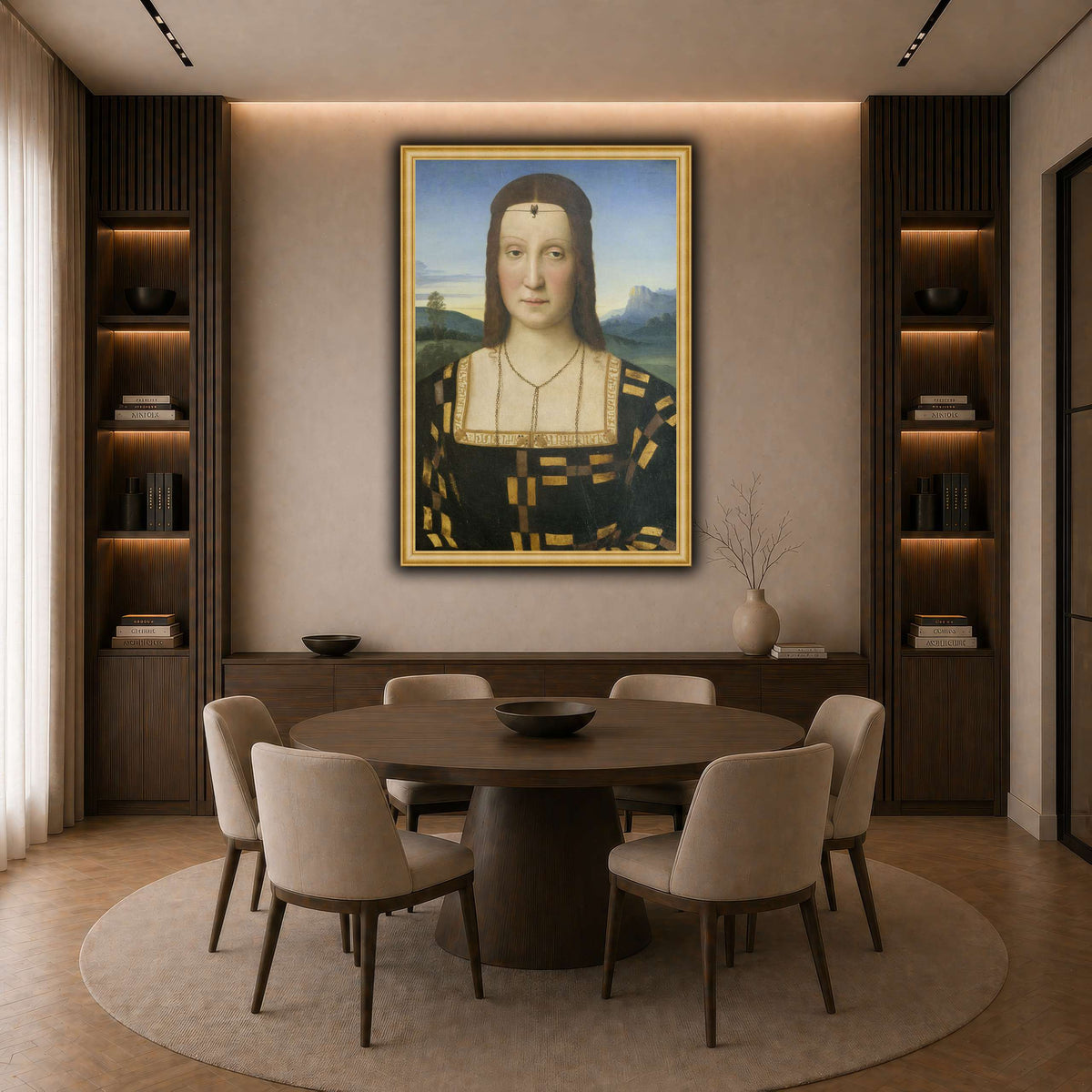 Raffaello_Sanzio_Portrait_of_Elisabetta_Gonzaga,_Duchess_of_Urbino dark neutral-dining room