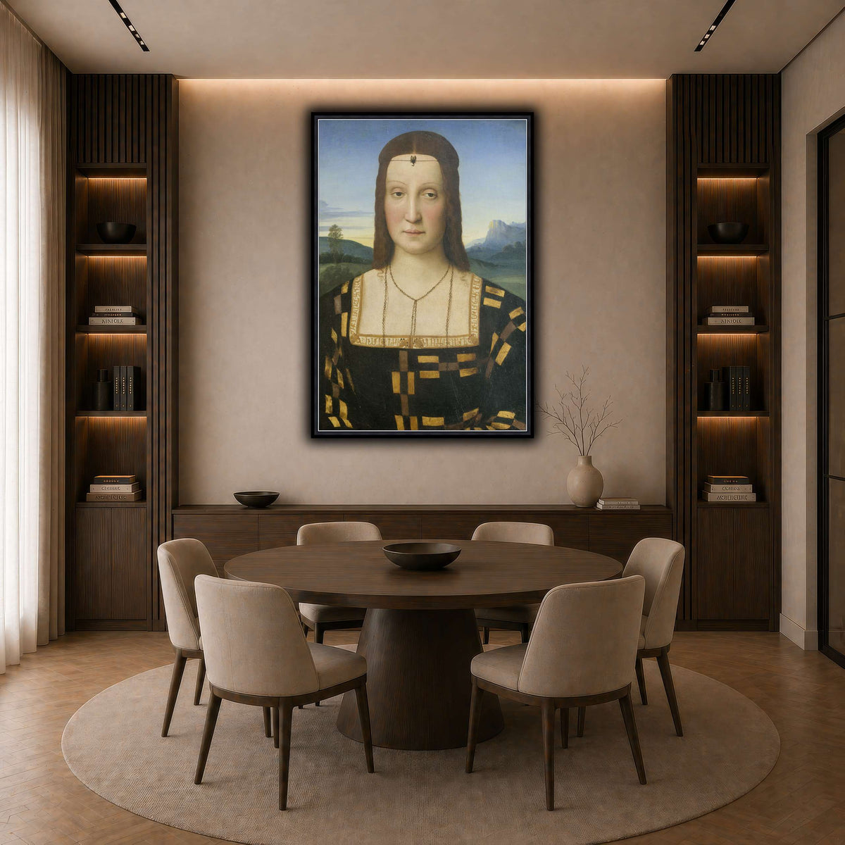 Raffaello_Sanzio_Portrait_of_Elisabetta_Gonzaga,_Duchess_of_Urbino dark neutral-dining room