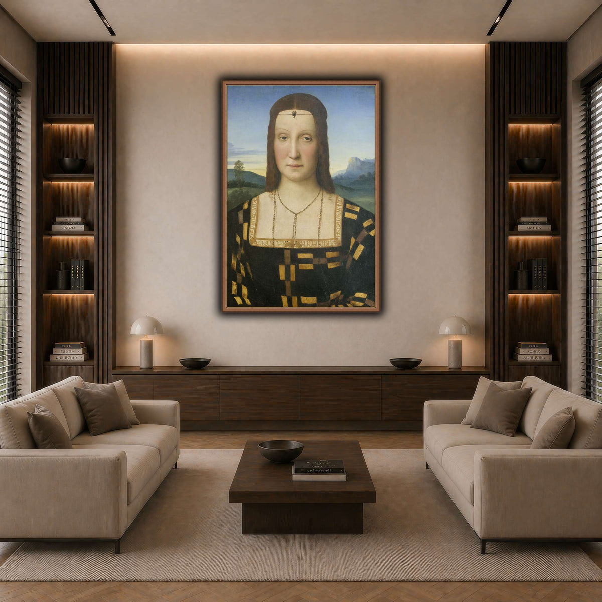 Raffaello_Sanzio_Portrait_of_Elisabetta_Gonzaga,_Duchess_of_Urbino dark neutral-living room
