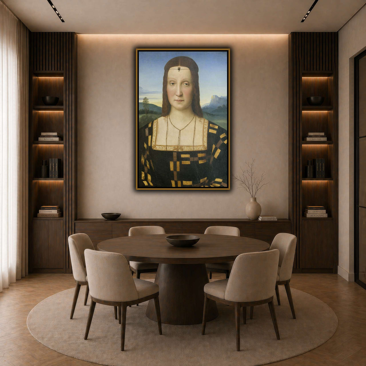 Raffaello_Sanzio_Portrait_of_Elisabetta_Gonzaga,_Duchess_of_Urbino dark neutral-dining room