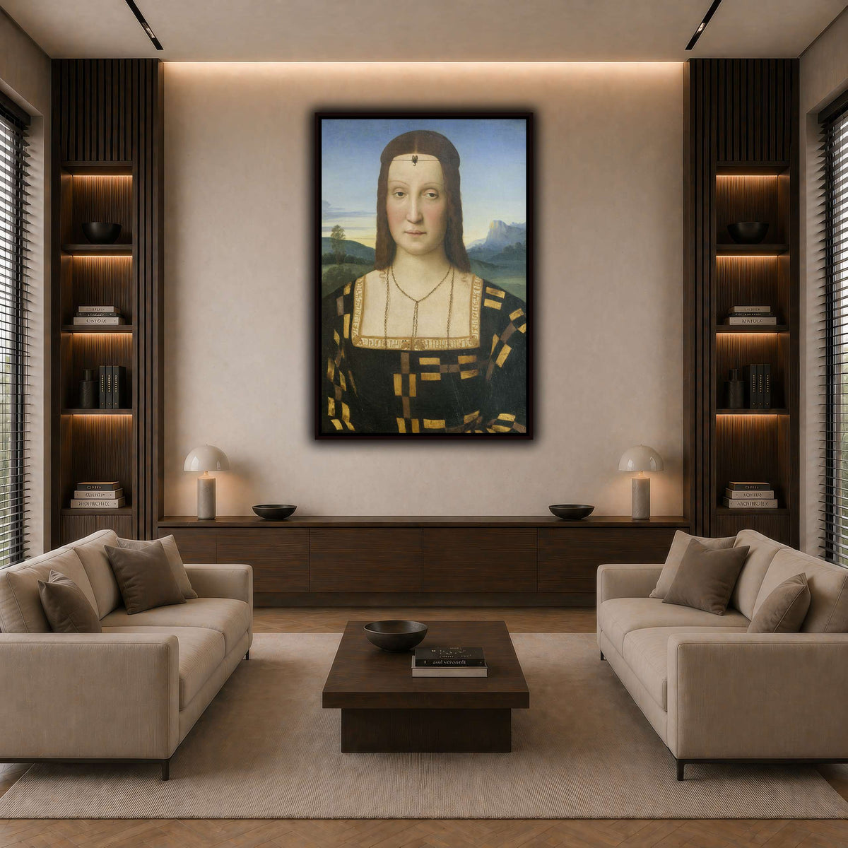 Raffaello_Sanzio_Portrait_of_Elisabetta_Gonzaga,_Duchess_of_Urbino dark neutral-living room