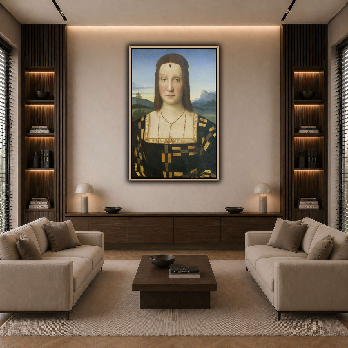 Raffaello_Sanzio_Portrait_of_Elisabetta_Gonzaga,_Duchess_of_Urbino dark neutral-living room