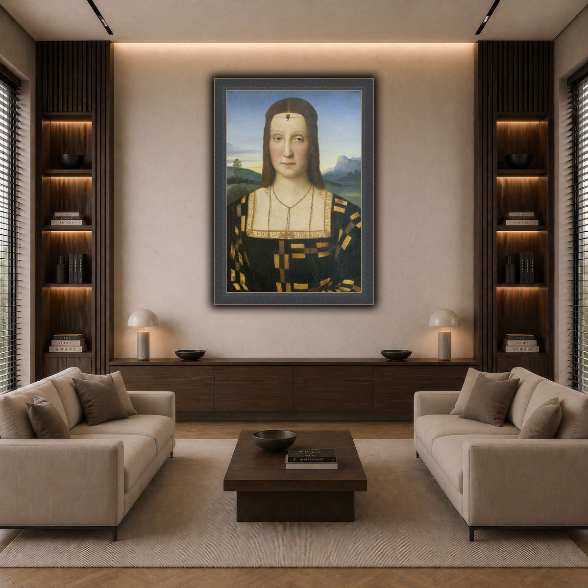 Raffaello_Sanzio_Portrait_of_Elisabetta_Gonzaga,_Duchess_of_Urbino dark neutral-living room