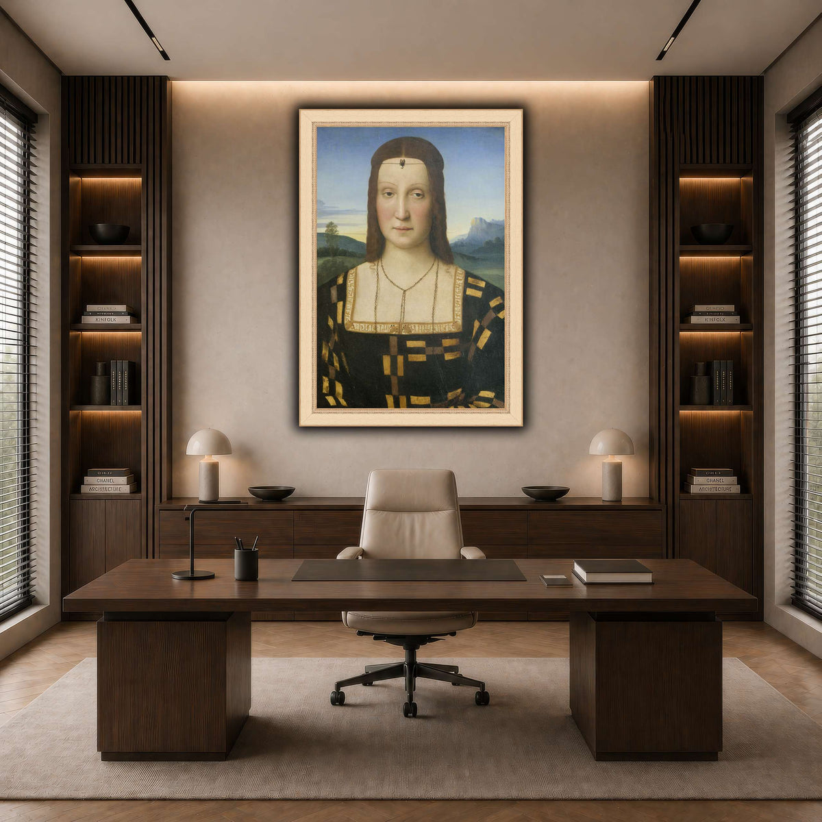 Raffaello_Sanzio_Portrait_of_Elisabetta_Gonzaga,_Duchess_of_Urbino dark neutral-office