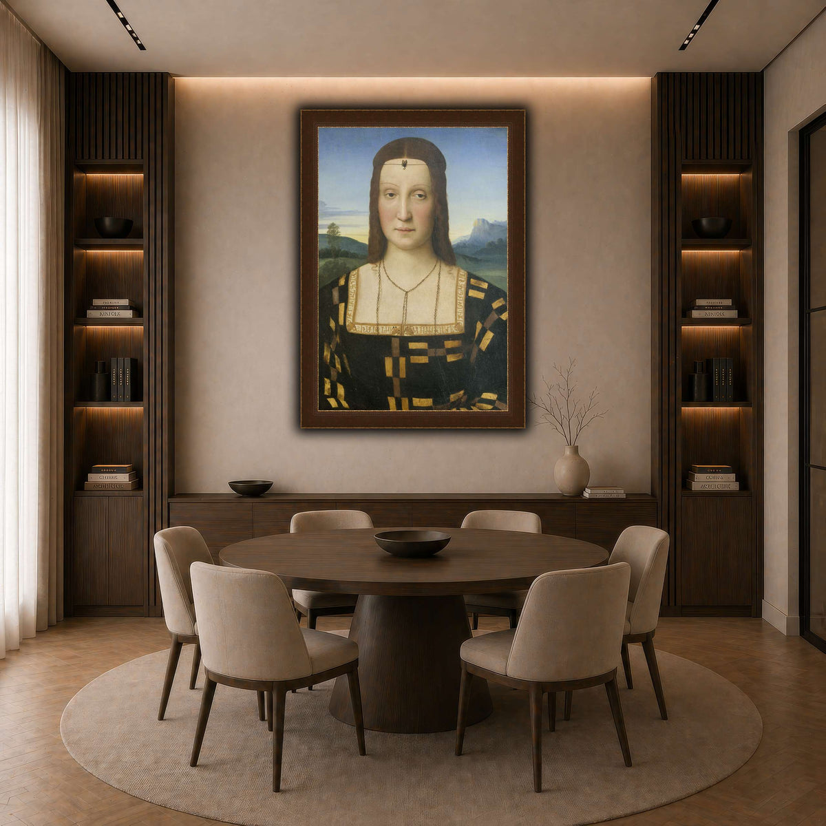 Raffaello_Sanzio_Portrait_of_Elisabetta_Gonzaga,_Duchess_of_Urbino dark neutral-dining room
