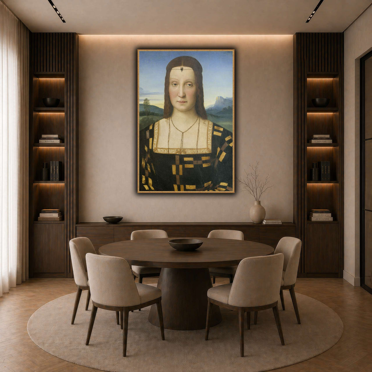 Raffaello_Sanzio_Portrait_of_Elisabetta_Gonzaga,_Duchess_of_Urbino dark neutral-dining room