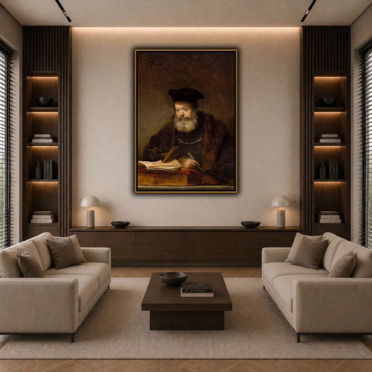 Scholar_at_the_Lectern_Rembrandt-van-Rijn dark neutral-living room