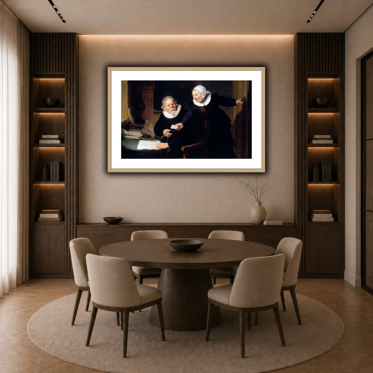 The-Shipbuilder-and-his-Wife-Jan-Rijcksen-1560-2-1637-and-his-Wife_Rembrandt-van-Rijn dark neutral-dining room