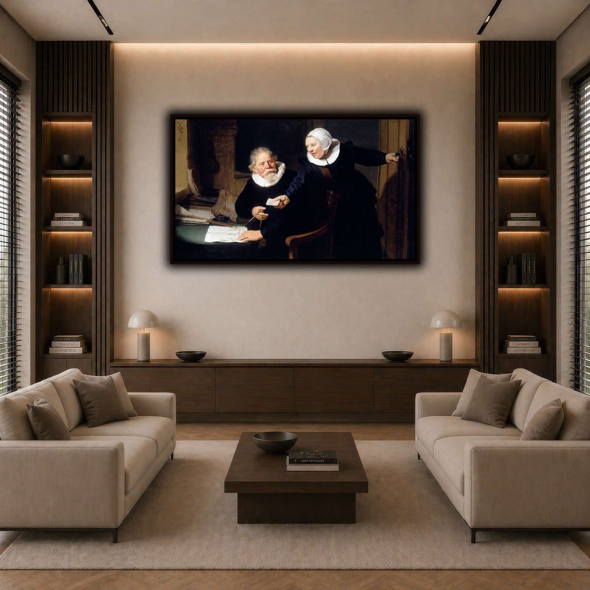 The-Shipbuilder-and-his-Wife-Jan-Rijcksen-1560-2-1637-and-his-Wife_Rembrandt-van-Rijn dark neutral-living room