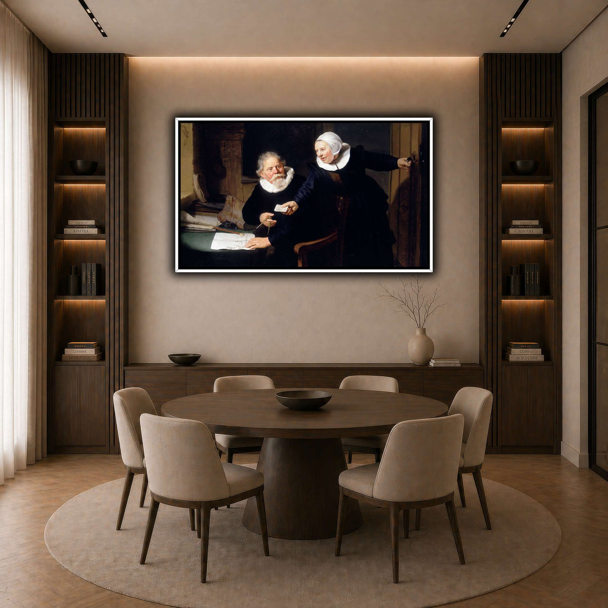 The-Shipbuilder-and-his-Wife-Jan-Rijcksen-1560-2-1637-and-his-Wife_Rembrandt-van-Rijn dark neutral-dining room