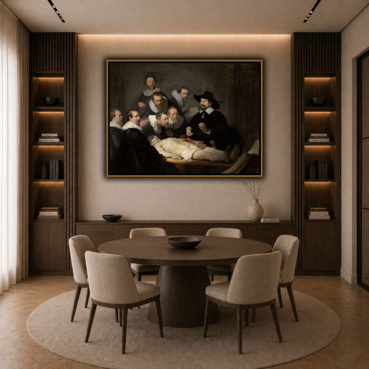 The_Anatomy_Lesson_of_Dr_Nicolaes_Tulp_Rembrandt-van-Rijn dark neutral-dining room