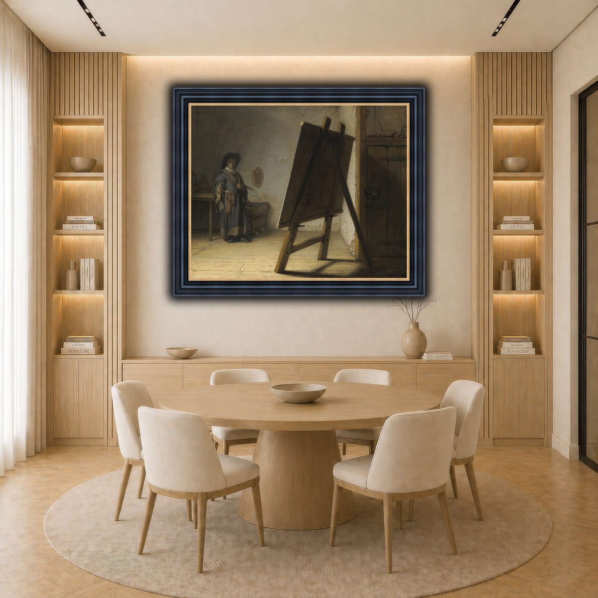 The_Artist_in_his_studio_Rembrandt-van-Rijn light neutral-dining room