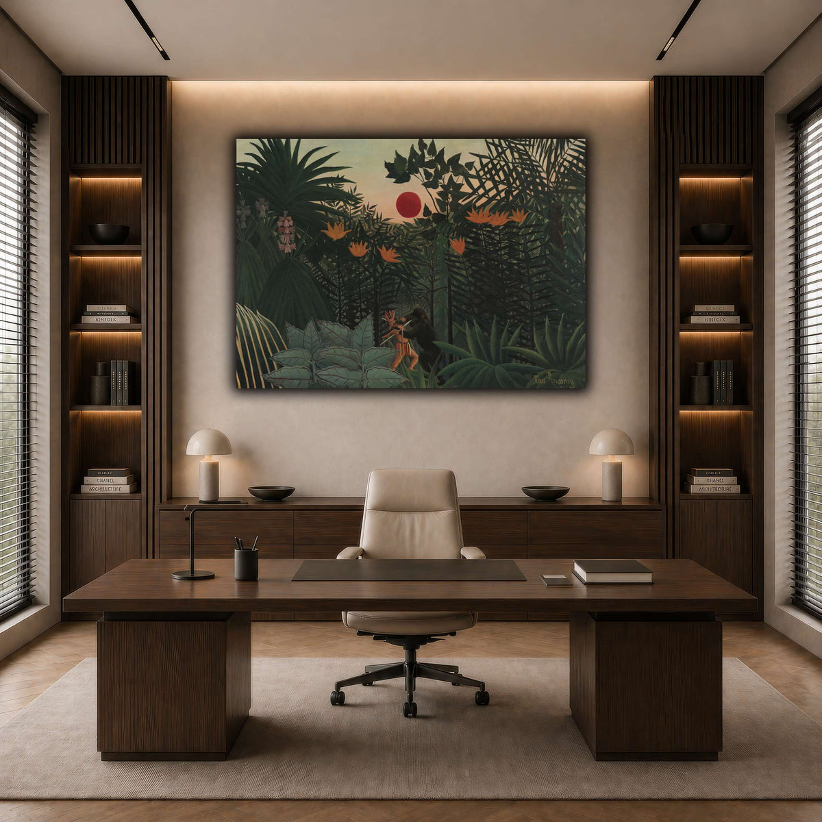 Tropical-Landscape-American-Indian-Struggling-with-a-Gorilla-1910_Henri-Rousseau dark neutral-office