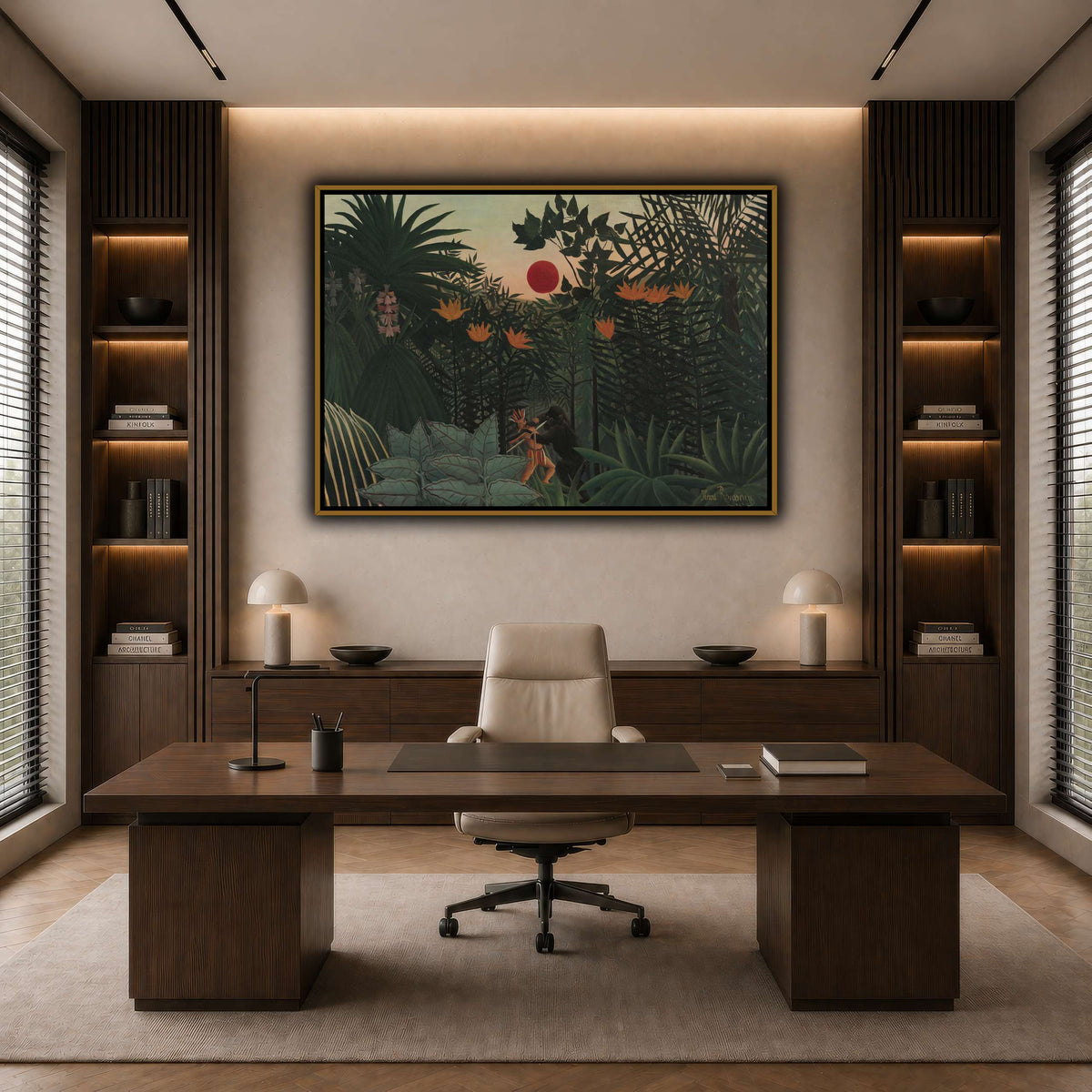 Tropical-Landscape-American-Indian-Struggling-with-a-Gorilla-1910_Henri-Rousseau dark neutral-office