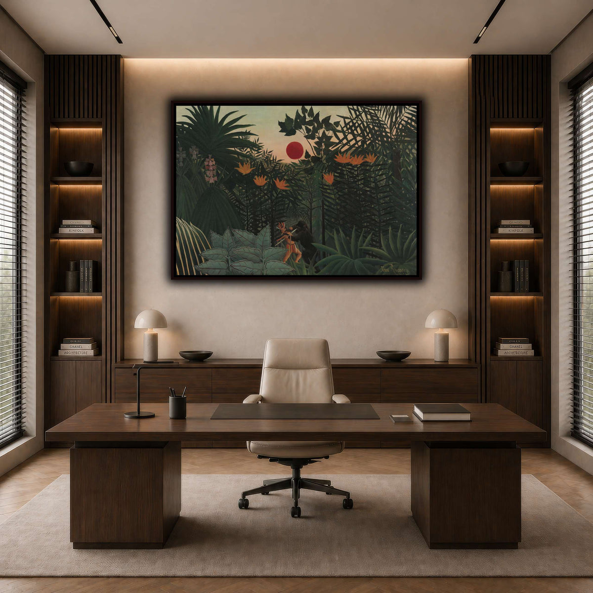 Tropical-Landscape-American-Indian-Struggling-with-a-Gorilla-1910_Henri-Rousseau dark neutral-office