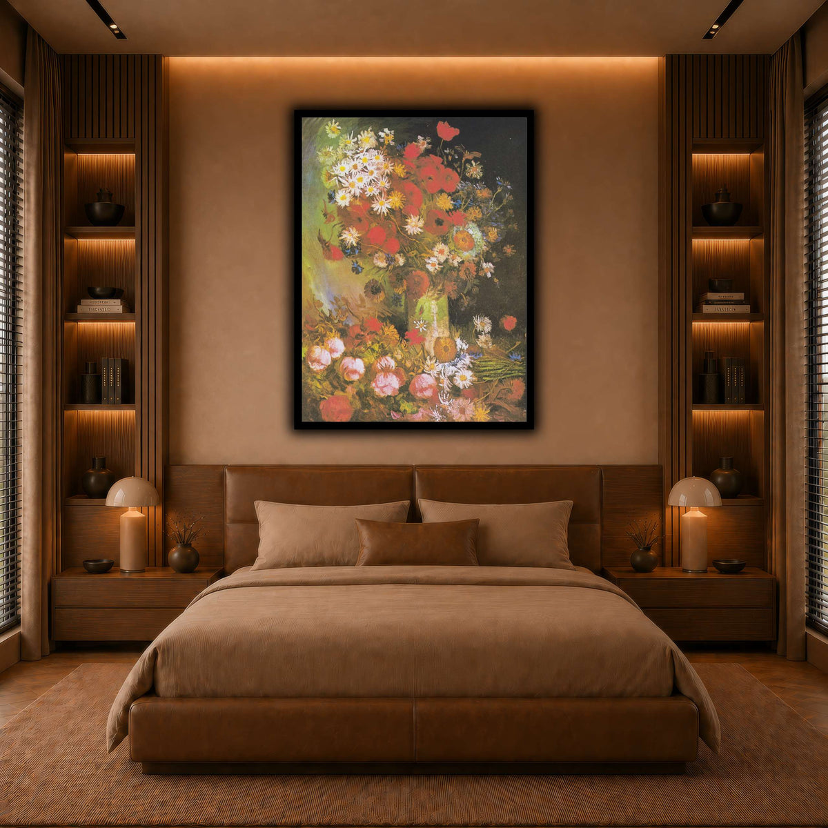 Van_Gogh_-_Vase_mit_Mohn-_und_Kornblumen,_Pfingstrosen_und_Chrysanthemen warm-bedroom