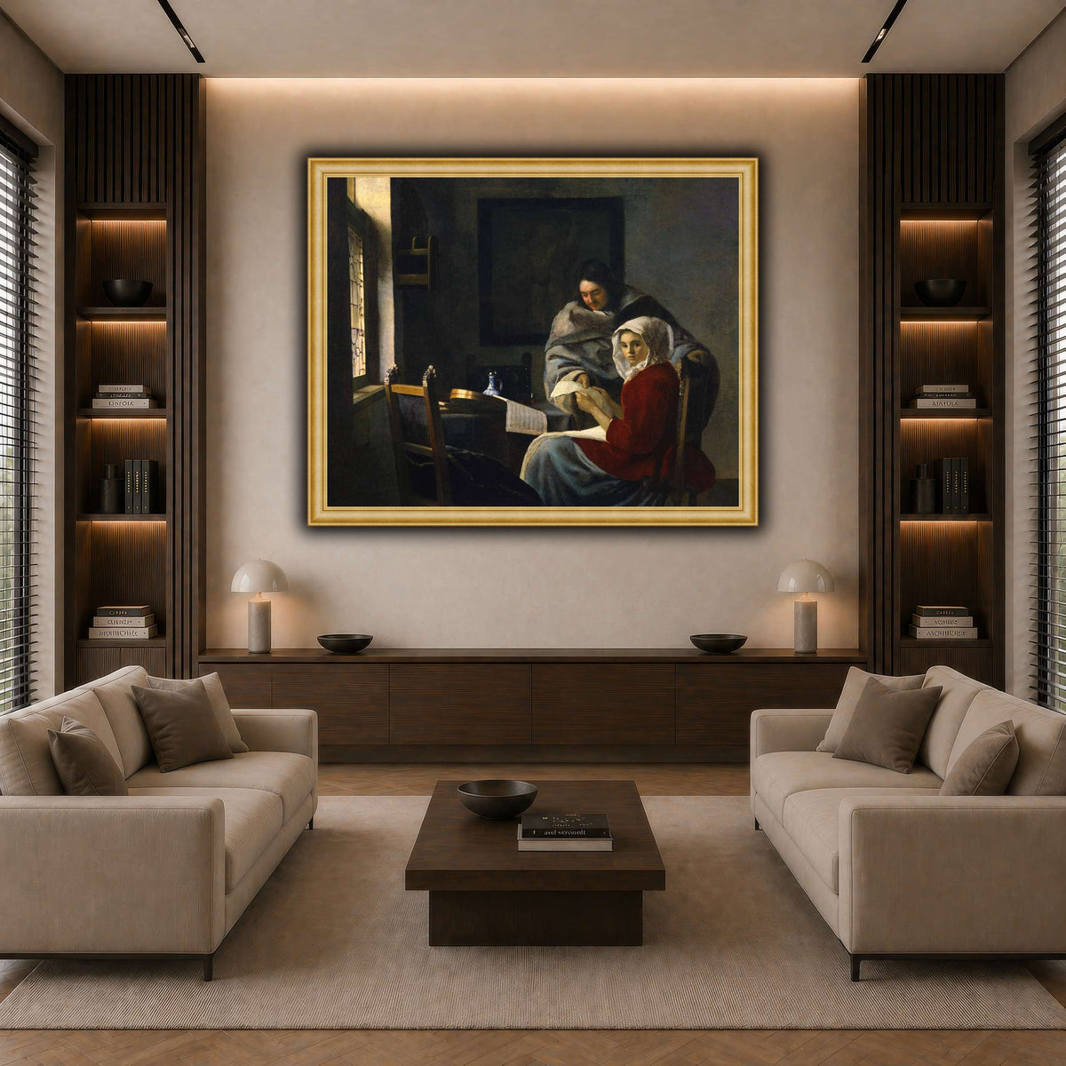 Vermeer_Girl_Interrupted_at_Her_Music dark neutral-living room