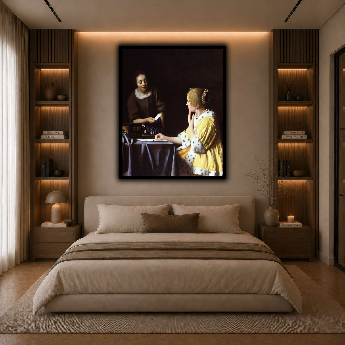 Vermeer_Lady_Maidservant_Holding_Letter dark neutral-bedroom