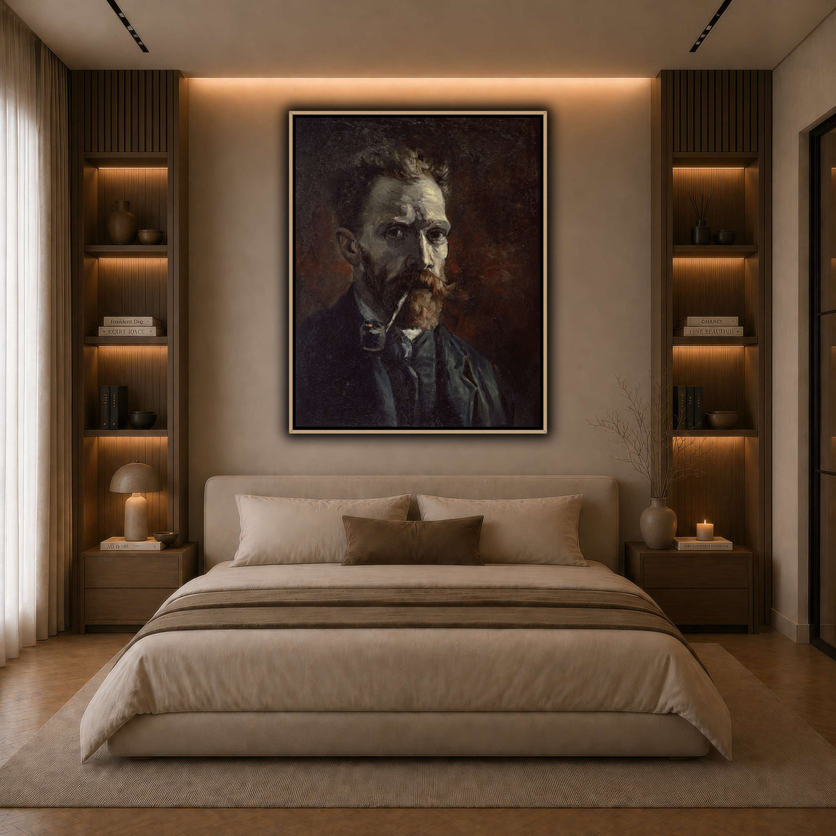 Vincent_van_Gogh_-_Self-portrait_with_pipe dark neutral-bedroom